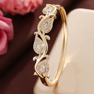 Brass Pave Clear Cubic Zirconia Drop Leaf Cuff Hinged Bangles for Women