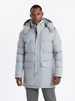 Ombre Warm men's long parka jacket with wool - light grey melange