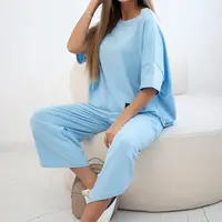 Włoski Bavlněný komplet halenka + kalhoty modrý