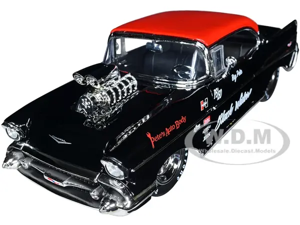 1957 Chevrolet Bel Air Black with Red Top "Petes Auto Body Black Widow" "Bigtime Muscle" Series 1/24 Diecast Model Car by Jada