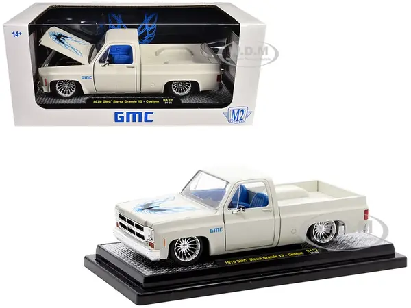1976 GMC Sierra Grande 15 Custom Pickup Truck Eggshell White with Hood Graphics and Blue Interior Limited Edition to 6650 pieces Worldwide 1/24 Dieca