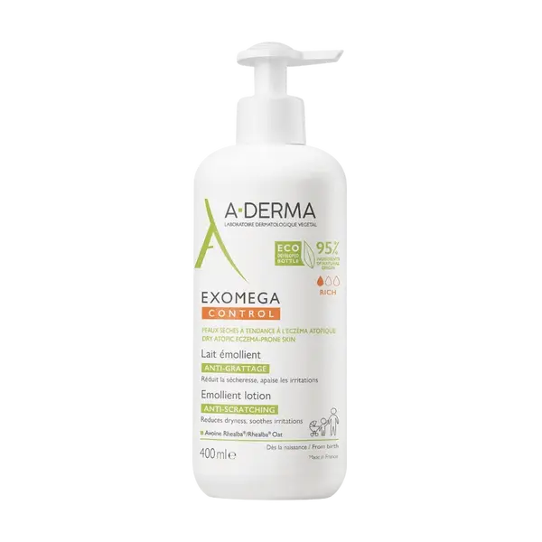 A-DERMA Exomega Control Emolienčné mlieko pre suchú kožu so sklonom k atopii - Ekonomické balenie 400 ml