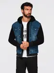 Ombre Men's denim jacket with knitted sleeves and hood - blue and black