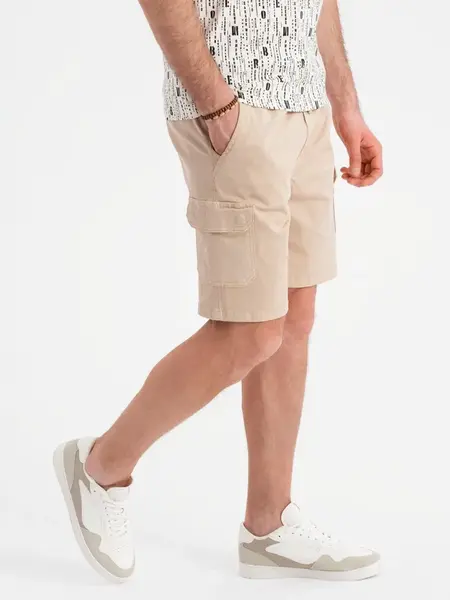 Ombre Men's cotton cargo shorts with elastic waistband - beige
