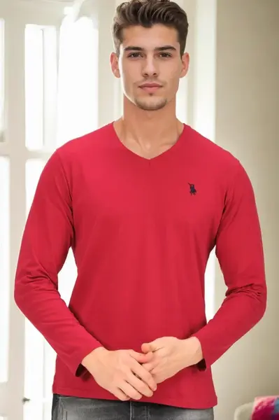 T9587 DEWBERRY V-NECK MEN'S LONG SLEEVE T-SHIRT-BURGUNDY