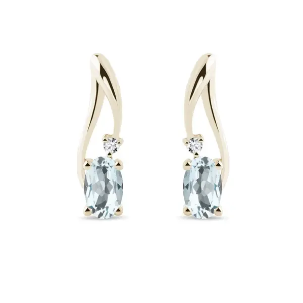 Náušnice zo žltého zlata s akvamarínmi a diamantmi KLENOTA