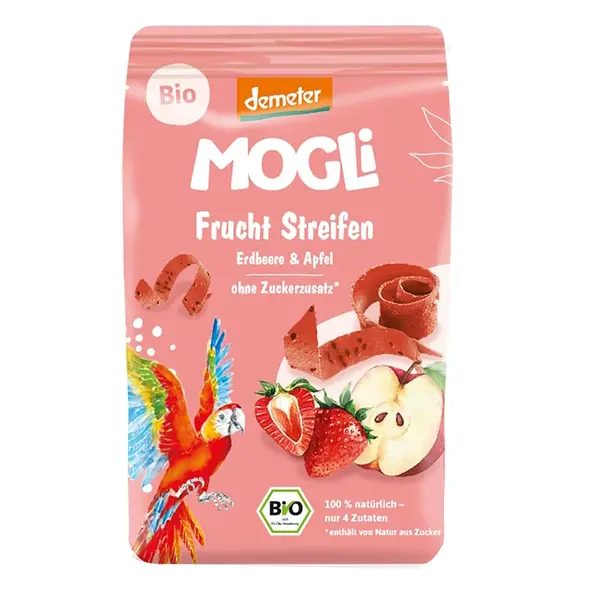 MOGLI Ovocné pásky s chia semínky a psylliem jahoda a jablko BIO 25 g