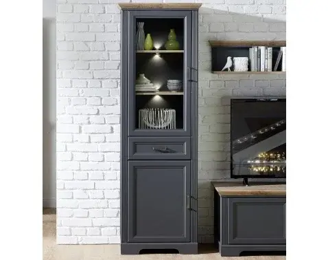 Vysoká vitrína Jasmin, grafit/dub, s osvetlením%