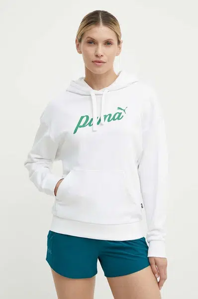 Mikina Puma dámská, bílá barva, s kapucí, s potiskem, 679348