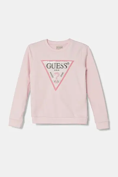 Dětská bavlněná mikina Guess růžová barva, s aplikací, K4YQ10 KA6R4