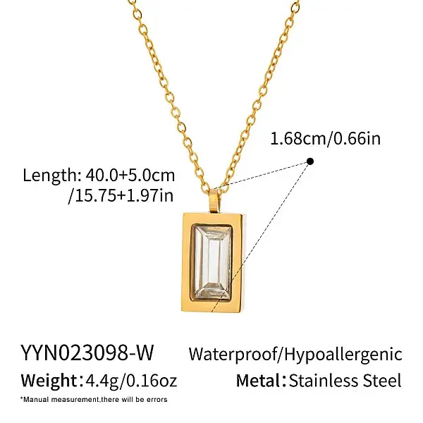 304 Stainless Steel Pave Cubic Zirconia Rectangle Pendant Necklaces for Women
