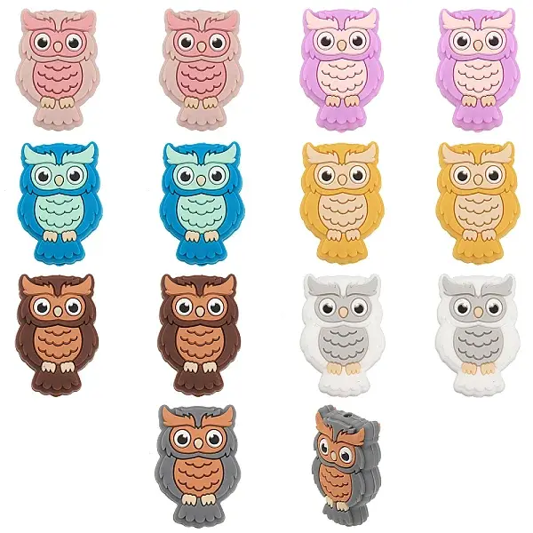 14Pcs 7 Colors Owl Food Grade Eco-Friendly Silicone Focal Beads