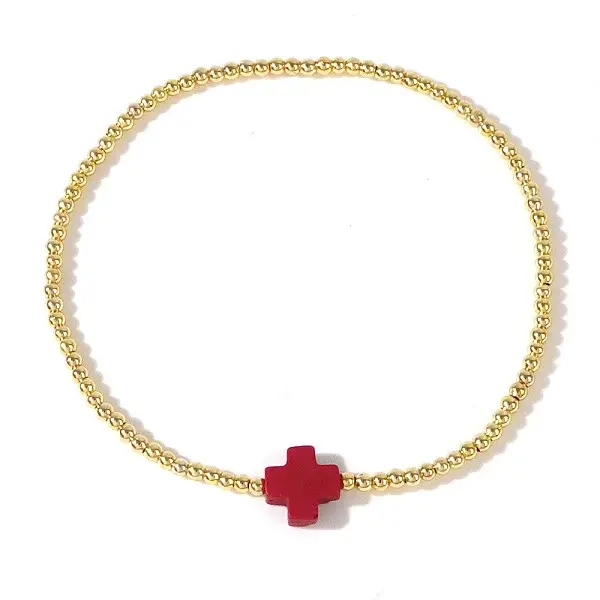 Cross Natural Gemstone & Brass Bead Stretch Bracelets for Women