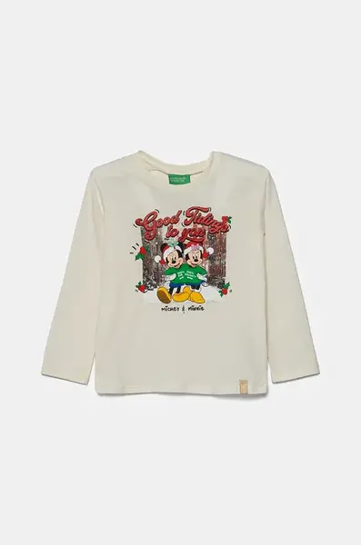 Dětské bavlněné tričko s dlouhým rukávem United Colors of Benetton béžová barva, 3ATNG10GQ