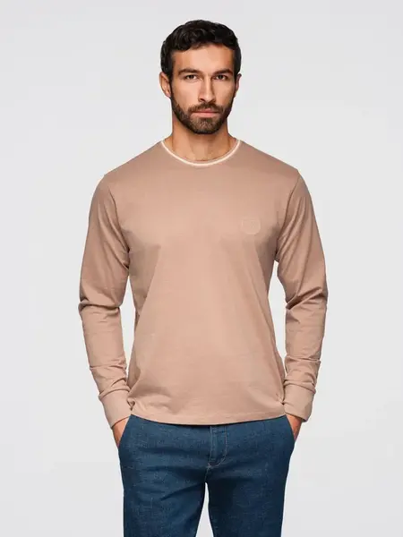 Ombre Men's cotton longsleeve with striped U neckline and embroidery - brown