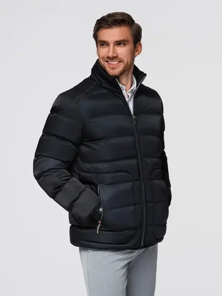 Ombre Men's quilted jacket with gloss and stand-up collar - black