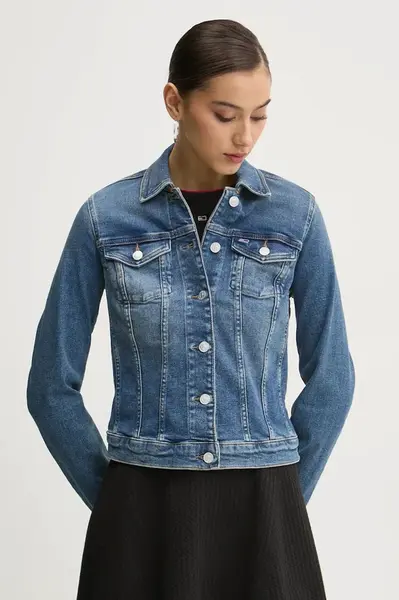 Džínová bunda Tommy Jeans dámská, modrá barva, přechodná, DW0DW20158