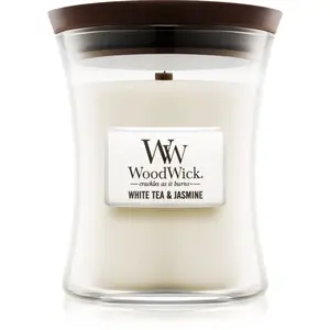Woodwick White Tea & Jasmine vonná svíčka s dřevěným knotem 275 g