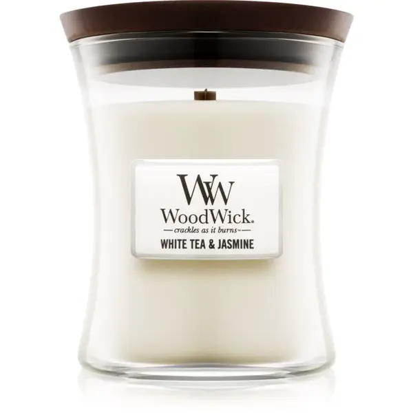 Woodwick White Tea & Jasmine vonná svíčka s dřevěným knotem 275 g