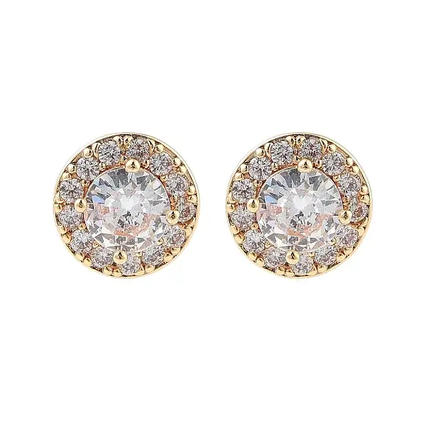 Rack Plating Flat Round Brass Clear Cubic Zirconia Stud Earrings