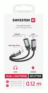 NABÍJECÍ AUDIO ADAPTÉR SWISSTEN TEXTILE LIGHTNING / 2x LIGHTNING, 0,12 M, ČERNÁ