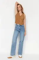 Trendyol Blue Joiner Detailní džíny s vysokým pasem a širokými nohavicemi