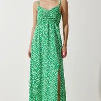 Happiness İstanbul Women's Green Strap Patterned Viscose Dress