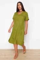 Trendyol Curve Khaki V-Neck Jacquard Floral Patterned Woven Plus Size Dress