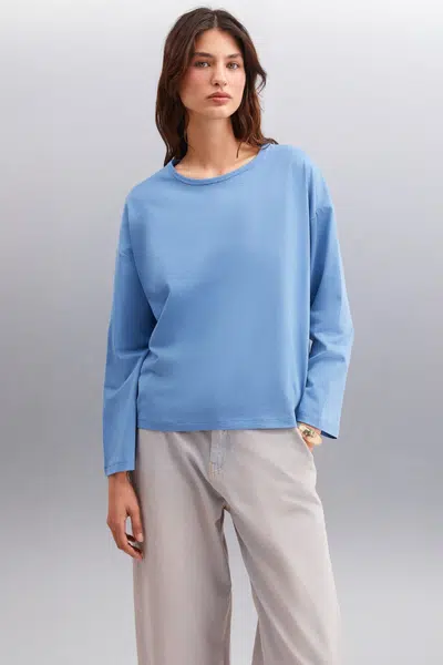 GRIMELANGE Printed Women&#039;s Back Print Detail Oversize 100% Organic Cotton Knitted Long Sleeve Indigo T-shirt