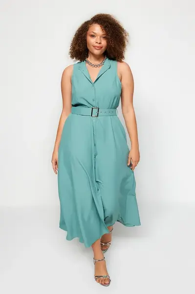 Trendyol Curve Mint Belted Woven Shirt Dress