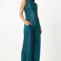 Happiness İstanbul Women's Dark Green Pleated Sleeveless Knitted Blouse Palazzo Pants Set