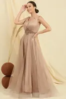 Saygı V-výstřih Pas Kameny Lemovaný Top Stříbrný Vnitřní Saténové Dlouhé Princeznovské Šaty