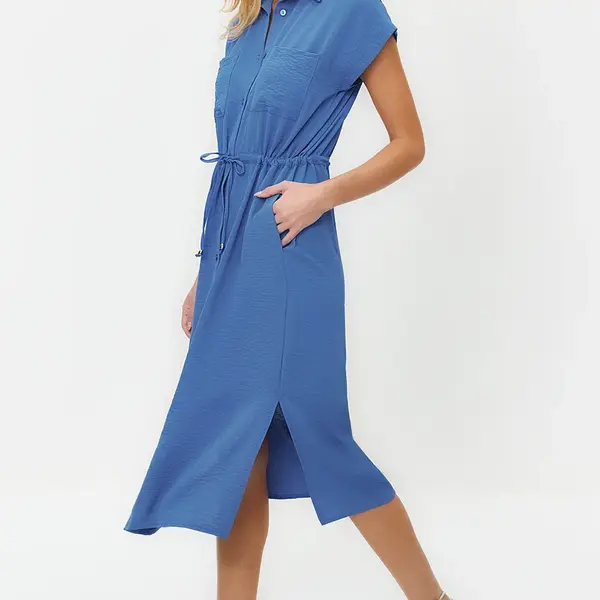 Trendyol Dark Blue Gathered Waist Pocket Detailed Aerobin Midi Woven Dress