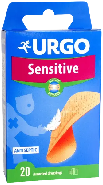 URGO Sensitive Stretch Náplasť antiseptická, citlivá pokožka, 3 veľkosti 20 ks