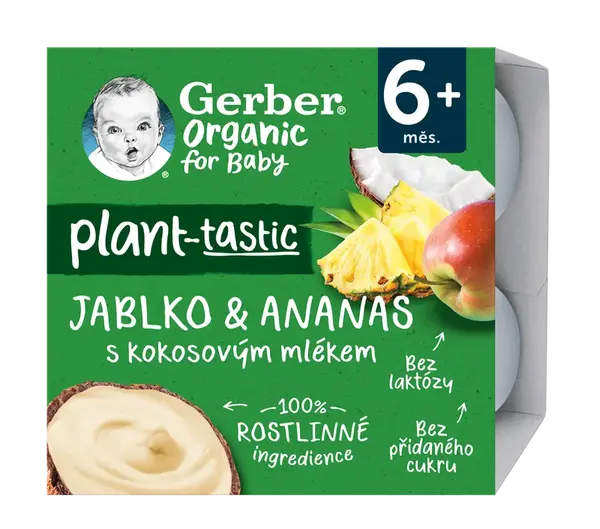 GERBER Organic 100% rostlinný dezert jablko a ananas s kokosovým mlékem kus 4 x 90 g