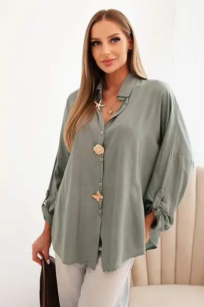 Kesi Włoski Dámske tričko s viskózou s ozdobnými gombíkmi a golierom khaki