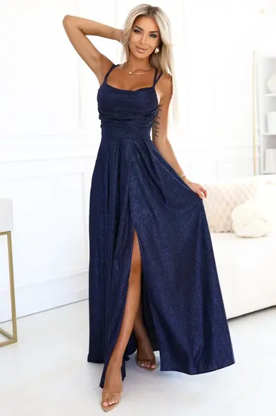 589-2 Long dress with subtle shimmer and corset back tie - navy blue with glitter