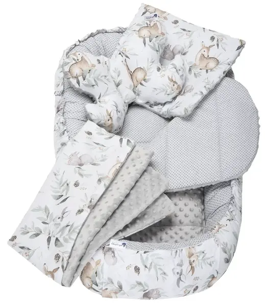 Medi Partners Cocoon in a 5-piece set (cocoon / insert / butterfly pillow / flat pillow / quilt 75x55) – Deer in leaves + gray Minky