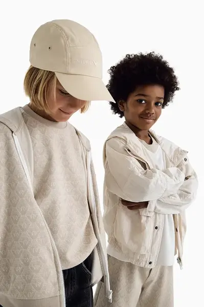 Dětská mikina Emporio Armani béžová barva, s kapucí, vzorovaná, EB000223 AF13431