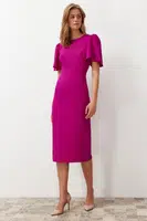 Trendyol Fuchsia A-Line Midi Pencil Skirt Woven Dress with Pleat Detail on the Sleeve