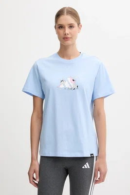 Bavlněné tričko adidas Doodle Hunt dámské, modrá barva, JM4383