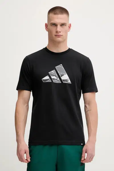 Bavlněné tričko adidas pánské, černá barva, s potiskem, JM6381