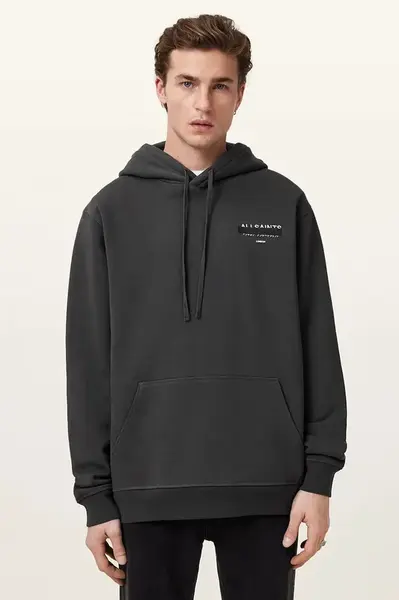 Bavlněná mikina AllSaints REDACT pánská, černá barva, s kapucí, s potiskem, M001NC