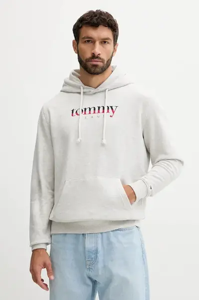 Bavlněná mikina Tommy Jeans pánská, šedá barva, s kapucí, s potiskem, DM0DM22113