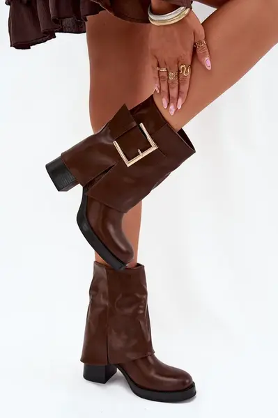 Boto Dámské Zateplené Boty Na Podpatku Se Zlatou Sponou Hnědé Milira