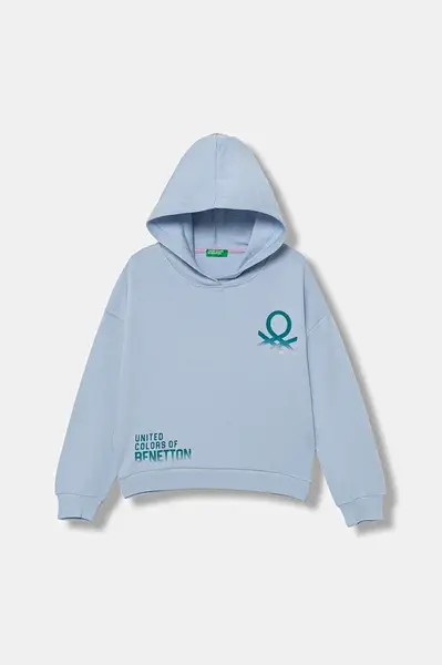 Dětská bavlněná mikina United Colors of Benetton modrá barva, s kapucí, s potiskem, 3J68C204W