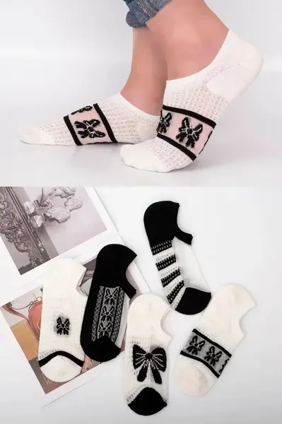 03780 Dewberry Womens Patterned Tulle Socks 5 Pairs-BLACK-WHITE