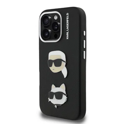 Zadní kryt Karl Lagerfeld Grained PU K&CH Heads pro Apple iPhone 16 Pro, černá
