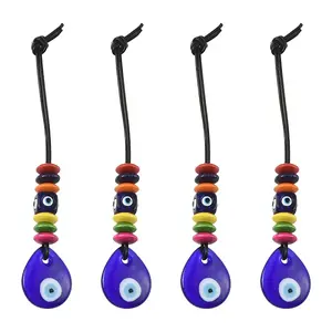 4Pcs Blue Evil Eye Teardrop Handmade Lampwork & Wood Beaded Hanging Ornaments