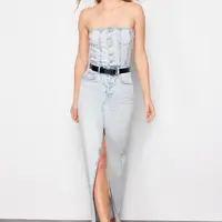 Trendyol světle modré dlouhé džínové šaty bez ramínek s rozparkem